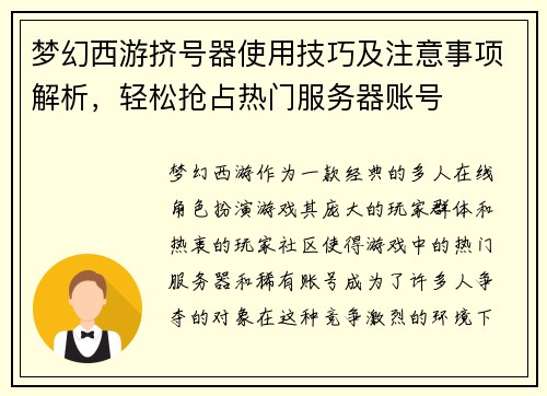 梦幻西游挤号器使用技巧及注意事项解析，轻松抢占热门服务器账号